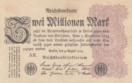 Allemagne 2 Millionen Mark  Noir et Lilas - 09-08-1923 Série WK - TTB +