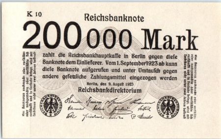 Allemagne 200000 Mark  Noir et Gris - 09-08-1923 Série K 10