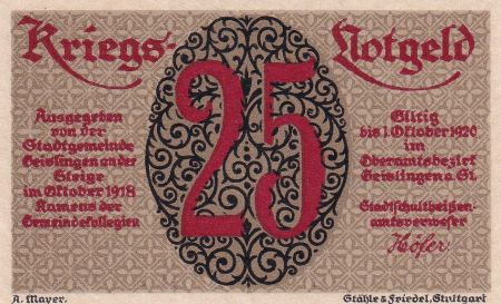 Allemagne 25 Pfennig - Geislingen - Notgeld - 1918