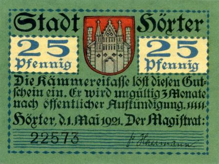 Allemagne 25 Pfennig, Höxter - notgeld 01-05-1921 - NEUF