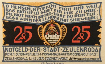 Allemagne 25 Pfennig, Zeulenroda - notgeld 1921 - SUP+