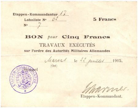 Allemagne 5 Francs Bon - Quartier général Allemand - 22-07-1915