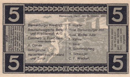 Allemagne 5 Pfennig - Blankenburg am Harz - Notgeld - 1920