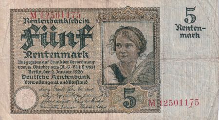 Allemagne 5 Rentenmark - Jeune fille -  02-01-1926 - Série M - P.169