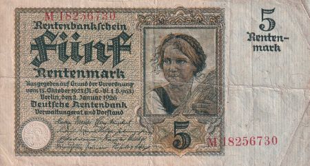 Allemagne 5 Rentenmark - Jeune fille -  02-01-1926 - Série M - P.169