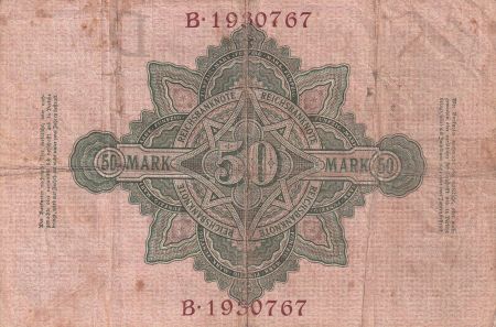 Allemagne 50 Mark - Vert & Rose - 1908 - Série B - 7 digit - P.32
