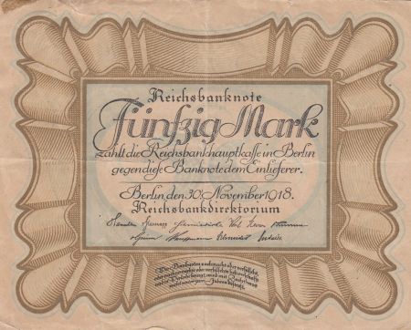 Allemagne 50 Mark Brun-olive, gris \'\'Egg Note\'\' - 1918 - TTB