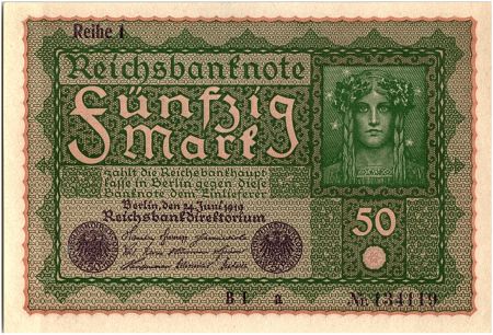 Allemagne 50 Mark Portrait de femme - 1919 - Reihe 1 Série BI a - SPL - P.66