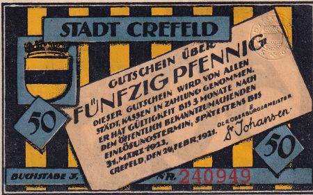 Allemagne 50 Pfennig - Crefeld- Notgeld - 1921