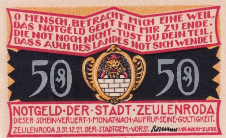 Allemagne 50 Pfennig, Zeulenroda-Weckersdorf - notgeld 31-12-1921 - NEUF