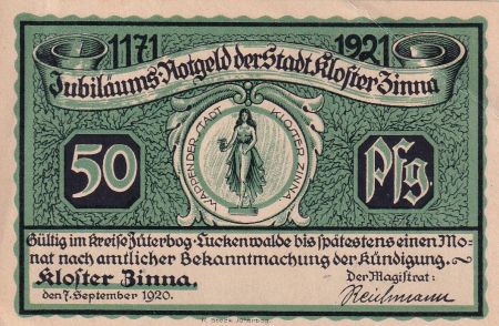 Allemagne 50 Pfenning - Kloster Zinna - Notgeld - 1920