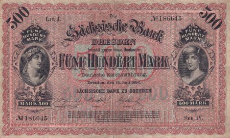 Allemagne 500 Mark -  Saxe - Portrait de femme & Mercure - 15-06-1890 - P.S953a