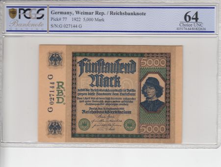 Allemagne 5000 Mark Spinelli - 1922 - PCGS 64OPQ