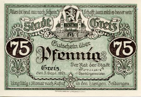 Allemagne 75 Pfennig, Greiz - notgeld 05-09-1921 - NEUF