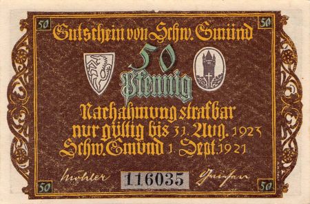 Allemagne ALLEMAGNE   Schwäbisch Gmünd - 50 PFENNIG 1921