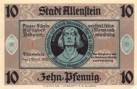 Allemagne ALLEMAGNE  ALLENSTEIN - 10 PFENNIG 1921