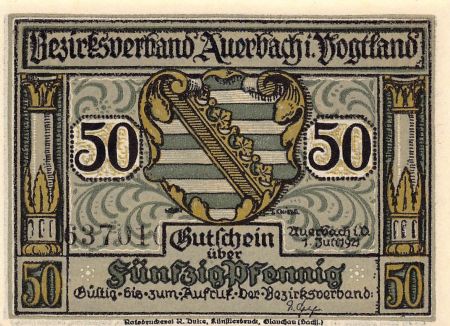 Allemagne ALLEMAGNE  Auerbach/Vogtland - 50 PFENNIG 1921