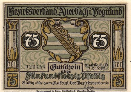 Allemagne ALLEMAGNE  Auerbach/Vogtland - 75 PFENNIG 1921