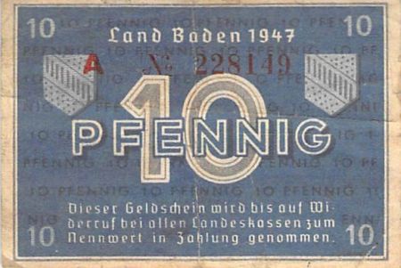Allemagne ALLEMAGNE  BADE  OCCUPATION FRANCAISE - 10 PFENNIG 1947