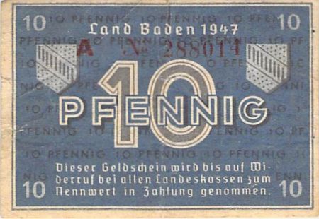 Allemagne ALLEMAGNE  BADE  OCCUPATION FRANCAISE - 10 PFENNIG 1947