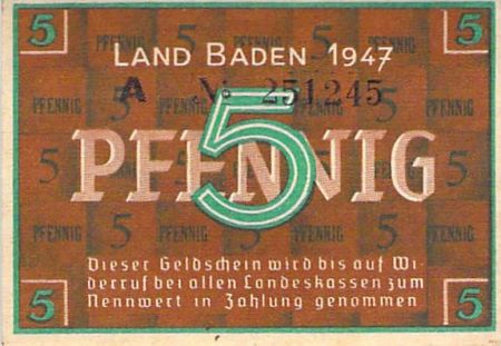 Allemagne ALLEMAGNE  BADE  OCCUPATION FRANCAISE - 5 PFENNIG 1947