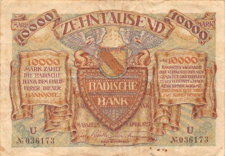 Allemagne ALLEMAGNE  BADISCHE BANK - 10000 MARK 01/04/1923 - TB+