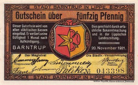 Allemagne ALLEMAGNE  BARNTRUP IN LIPPE - 50 PFENNIG 1921