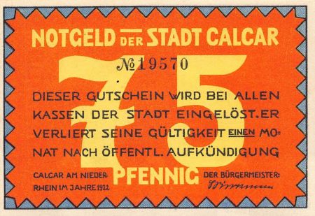 Allemagne ALLEMAGNE  CALCAR - 75 PFENNIG 1921