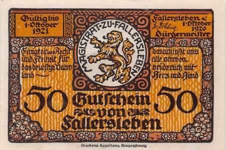 Allemagne ALLEMAGNE  FALLERSLEBEN - 50 PFENNIG 1921