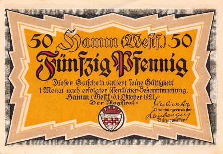 Allemagne ALLEMAGNE  HAMM - 50 PFENNIG 1921