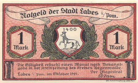 Allemagne ALLEMAGNE  LABES - 1 MARK 1921