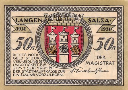 Allemagne ALLEMAGNE  LANGENSALZA - 50 PFENNIG 1921