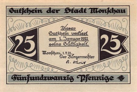 Allemagne ALLEMAGNE  MONSCHAU - 25 PFENNIG 1921