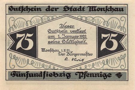Allemagne ALLEMAGNE  MONSCHAU - 75 PFENNIG 1921
