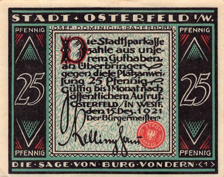 Allemagne ALLEMAGNE  OSTERFELD - 25 PFENNIG 1921