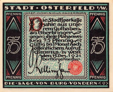Allemagne ALLEMAGNE  OSTERFELD - 75 PFENNIG 1921