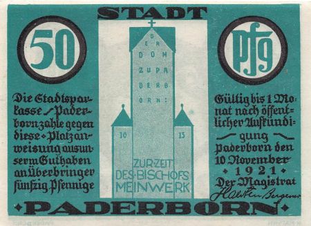 Allemagne ALLEMAGNE  PADERBORN - 50 PFENNIG 1921