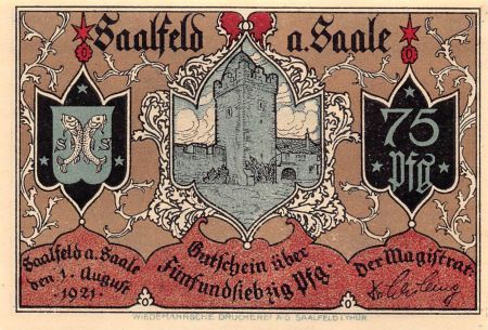 Allemagne ALLEMAGNE  SAALFELD A. SAALE - 75 PFENNIG 1921