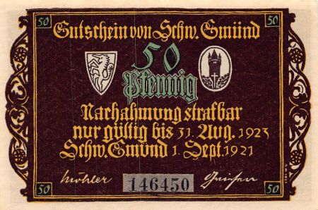 Allemagne ALLEMAGNE  SCHWÄBISCH GMÜND - 50 PFENNIG 1921