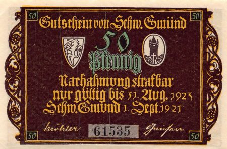 Allemagne ALLEMAGNE  SCHWÄBISCH GMÜND - 50 PFENNIG 1921