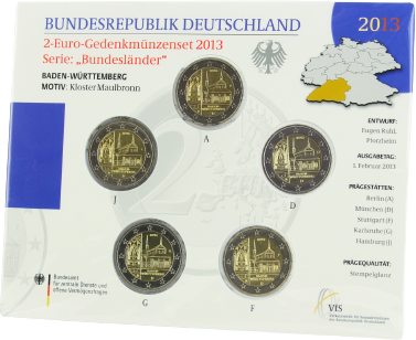 Allemagne Blister BU 5 x 2 Euros Commémo. Allemagne 2013 - Bade-Wurtemberg (les 5 ateliers)
