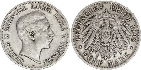 Allemagne Prusse, Wilhelm II - 5 Mark 1892 A Berlin