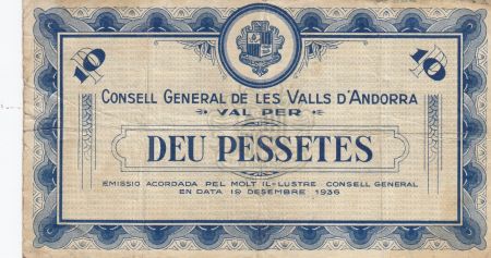 Andorre 10 Pessetes - Premier type - Bleu - 1936 - 000487