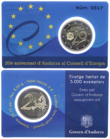 Andorre 2 Euros, 20 ans Conseil de l\'Europe BE coincard DISPO