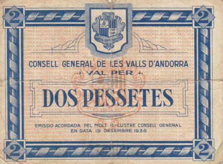 Andorre 2 Pessetes - Premier type - Bleu - 1936 - 000773