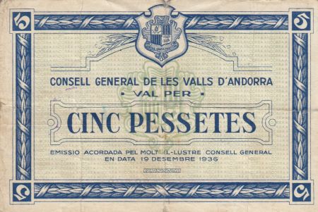 Andorre 5 Pessetes - Premier type - Bleu - 1936 - 02788