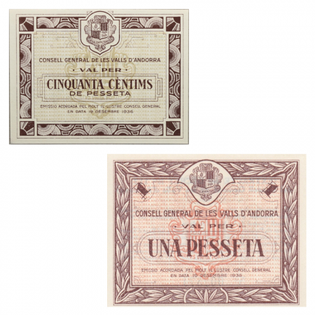 Andorre LOT des 2 Billets 1 Pesseta et 50 centimes de Pesseta - 1936