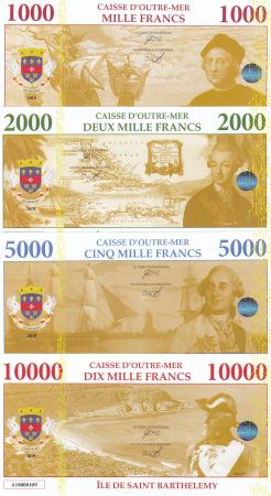 Antilles Françaises Lot 4 billets Fantaisies St Barthelemy - 1000 à 10000 Francs - 2019