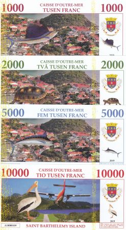 Antilles Françaises Lot 4 billets Fantaisies St Barthelemy - 1000 à 10000 Francs - 2019