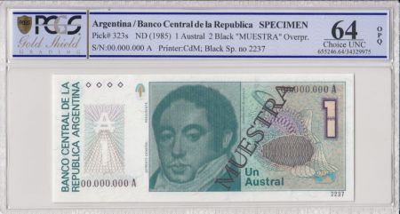 Argentine 1  Austral , B Rivadavia  - 1985 - Spécimen - PCGS 64 OPQ